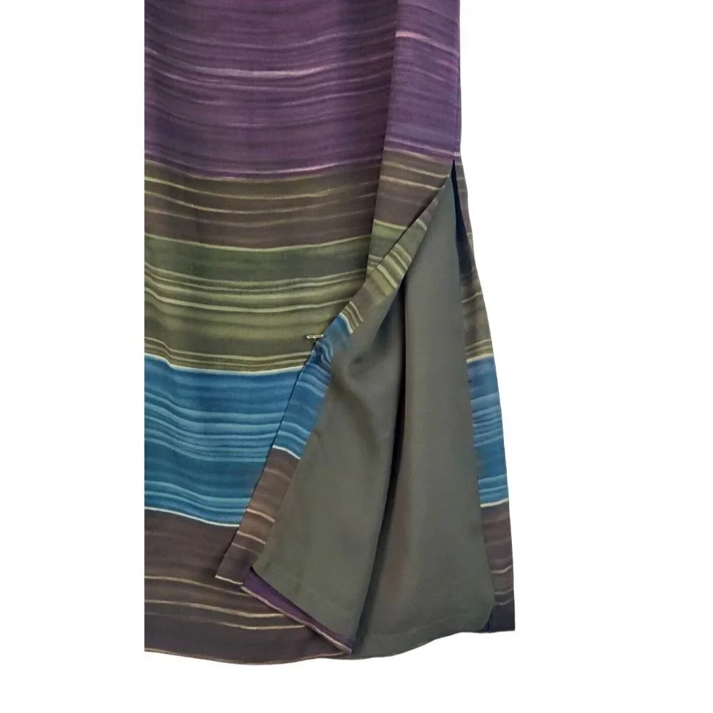 Skirt Maxi Slender Lined Multi Color Blended Stripes Rows Across Slit One side